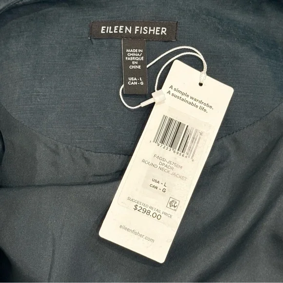 Eileen Fisher Large Linen Silk Satin Round Neck Open Jacket Deep Adriatic Blue - Picture 14 of 16